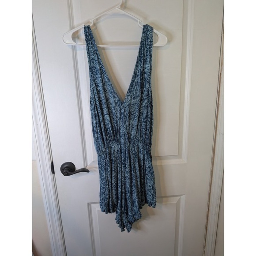 Blue Geometric Mosaic Print V-Neck Ruffle Hem Rayon Romper Boho Sleeveless